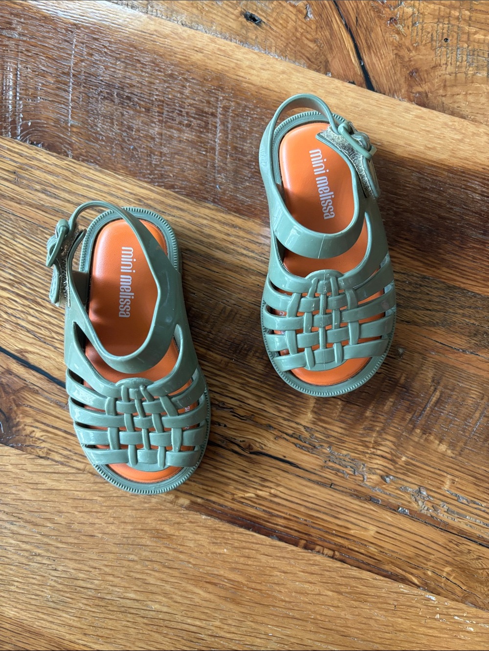 Mini Melissa Olive Green Jelly Sandals with Orange Footbed size 6